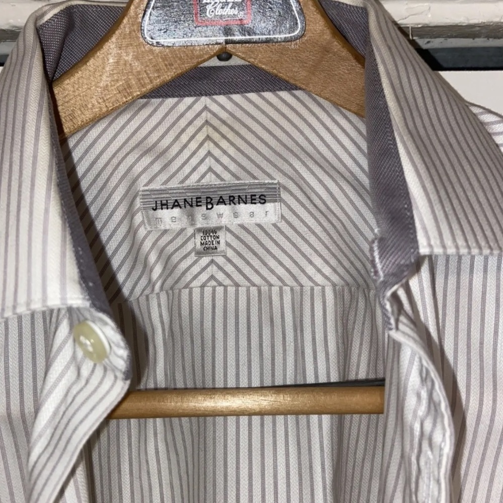 Jhane Barnes Men’s Dress Shirt, Small (15 Neck), White with Grey Stripes